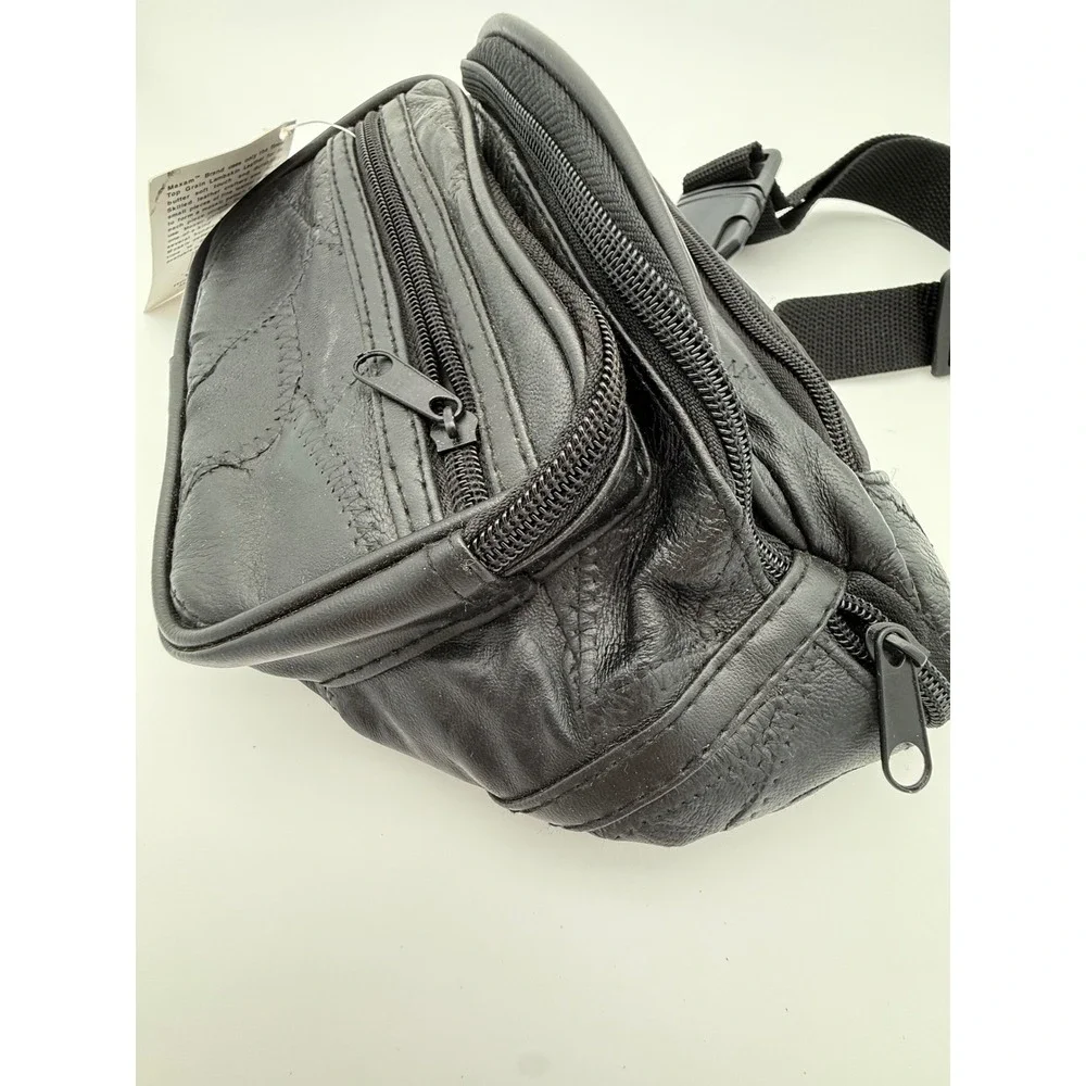1990s Maxam Genuine Lambskin Leather Fanny Pack Black Multi Pocket Waist Bag NWT - Picture 3 of 14